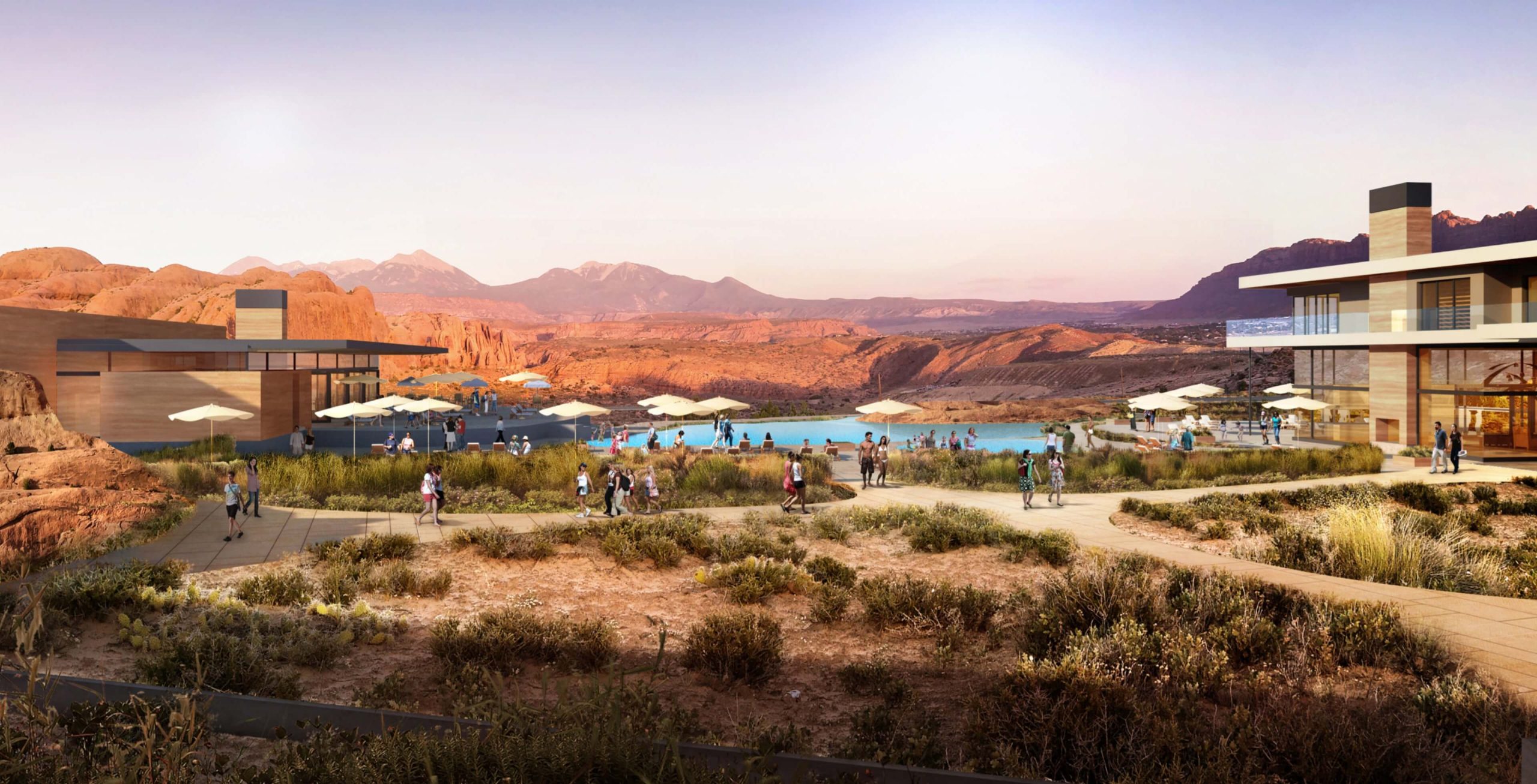 A model of the proposed Lionsback Resort hotel with walking paths, patios & a pool overlooking Moab.
