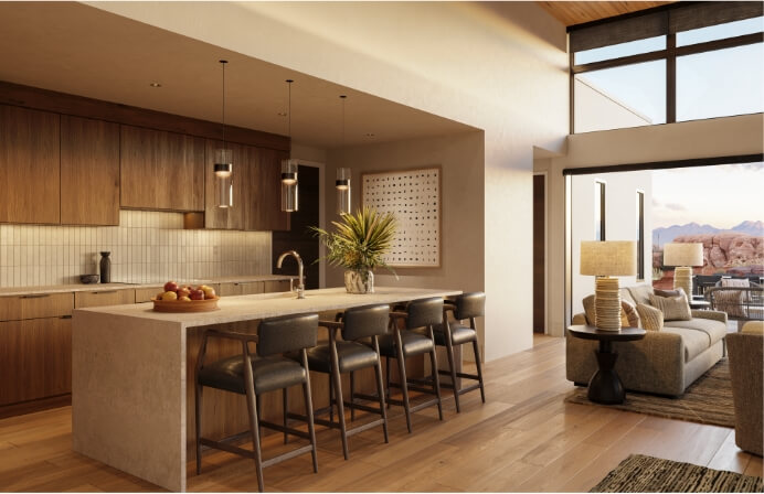 Interior design of a Casita at Lionsback Resort with large windows, high ceilings & full kitchen.